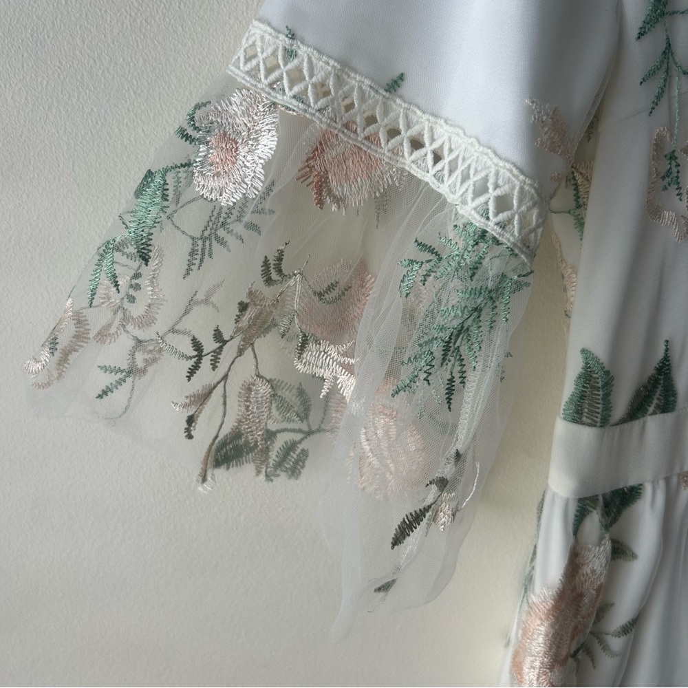 Polagram Floral Appliqué Tulle Midi Dress White Green Pink M - Picture 5 of 12